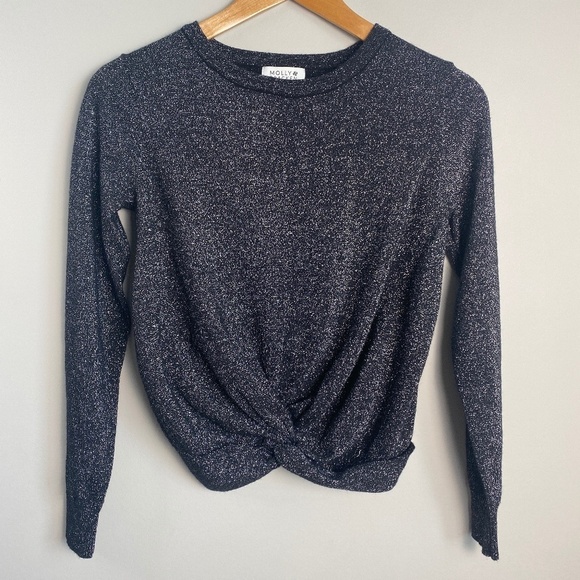 Molly Bracken Women's Black Front Twist Knot Silver Glitter Lightweight Sweater - Picture 1 of 12